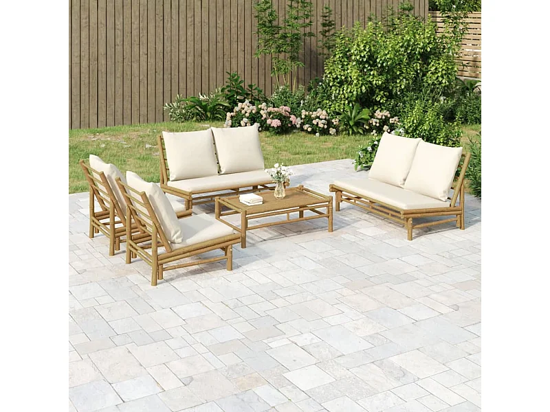 Set de muebles de jardín 5 piezas bambú y cojines blanco crema