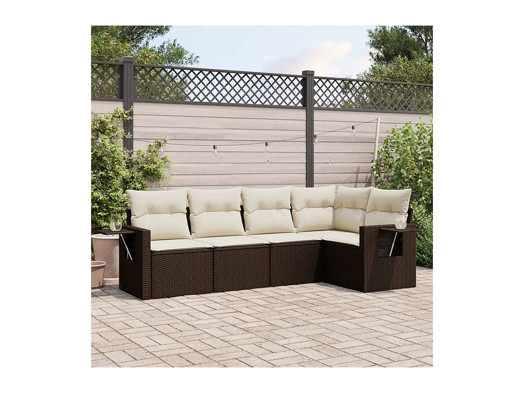 5-delige Loungeset met kussens poly rattan bruin