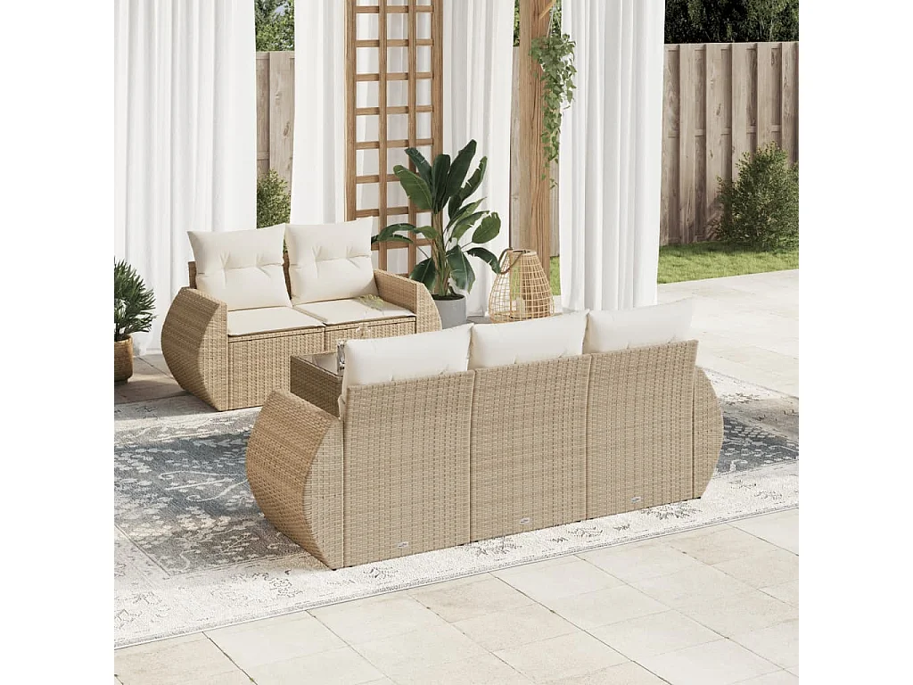 6-delige Loungeset met kussens poly rattan beige