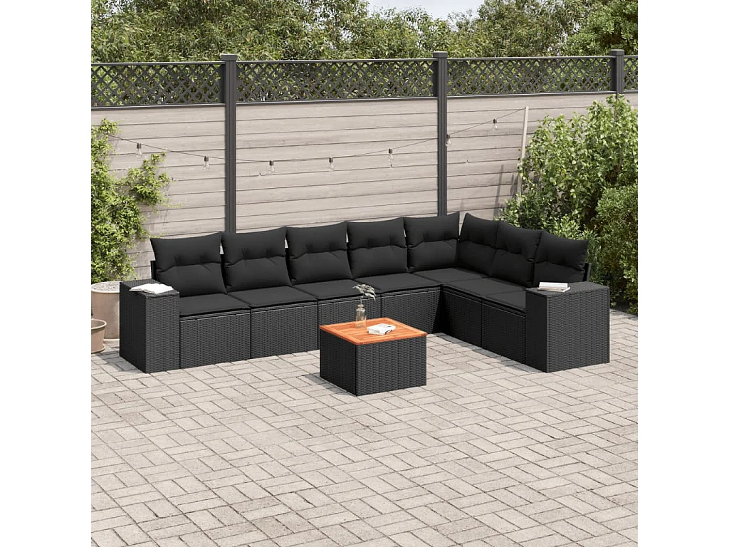 Set de sofás de jardín 8 piezas y cojines ratán sintético negro