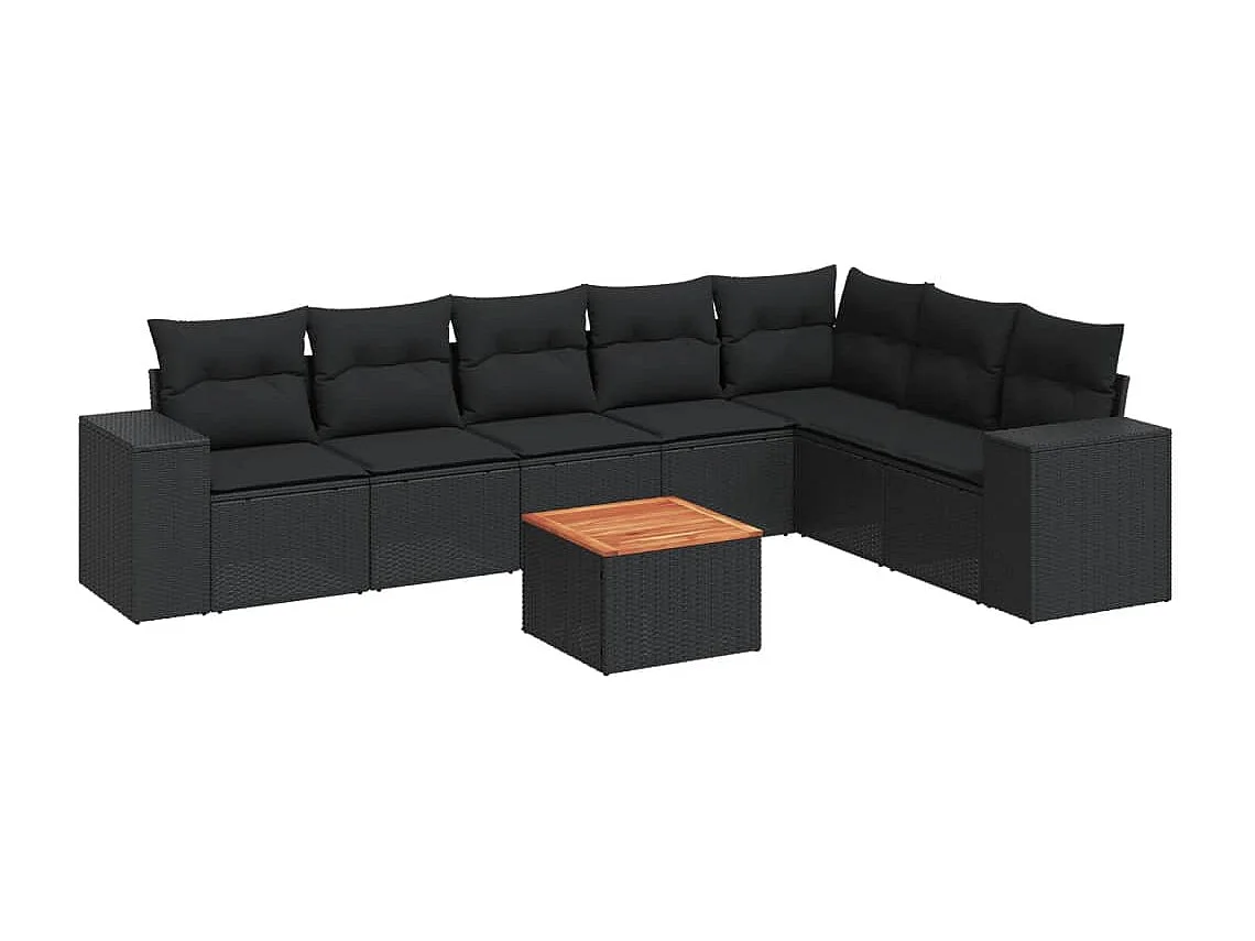 Set de sofás de jardín 8 piezas y cojines ratán sintético negro