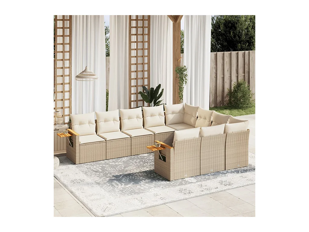 10 peças conjunto de sofás p/ jardim com almofadões vime PE bege