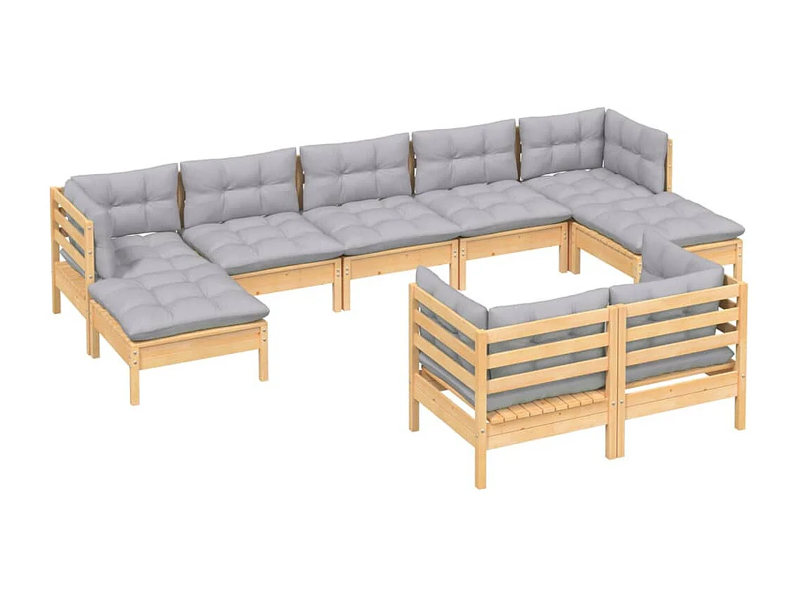 9 peças conjunto lounge de jardim + almofadões cinza pinho maciço