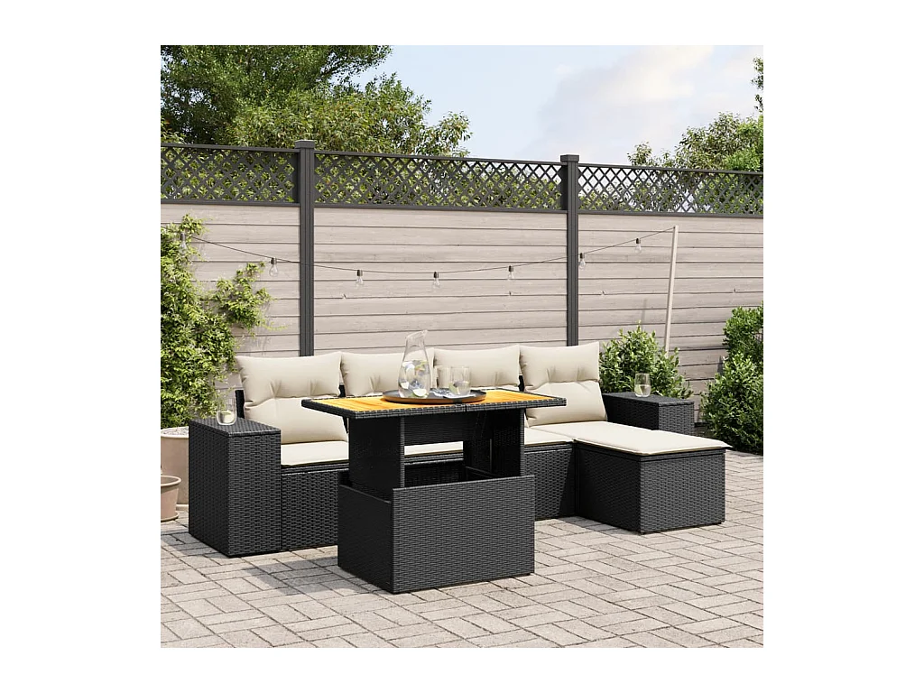 Set de sofás de jardín 6 piezas y cojines ratán sintético negro