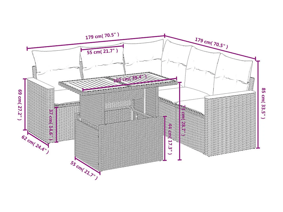 6-delige Loungeset met kussens poly rattan zwart