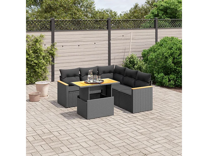 6-delige Loungeset met kussens poly rattan zwart