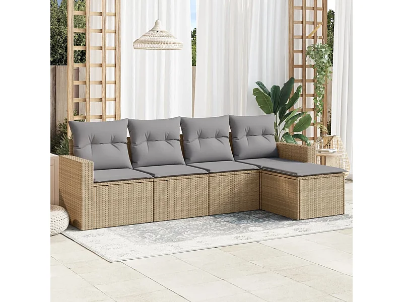 5 peças conjunto de sofás p/ jardim com almofadões vime PE bege