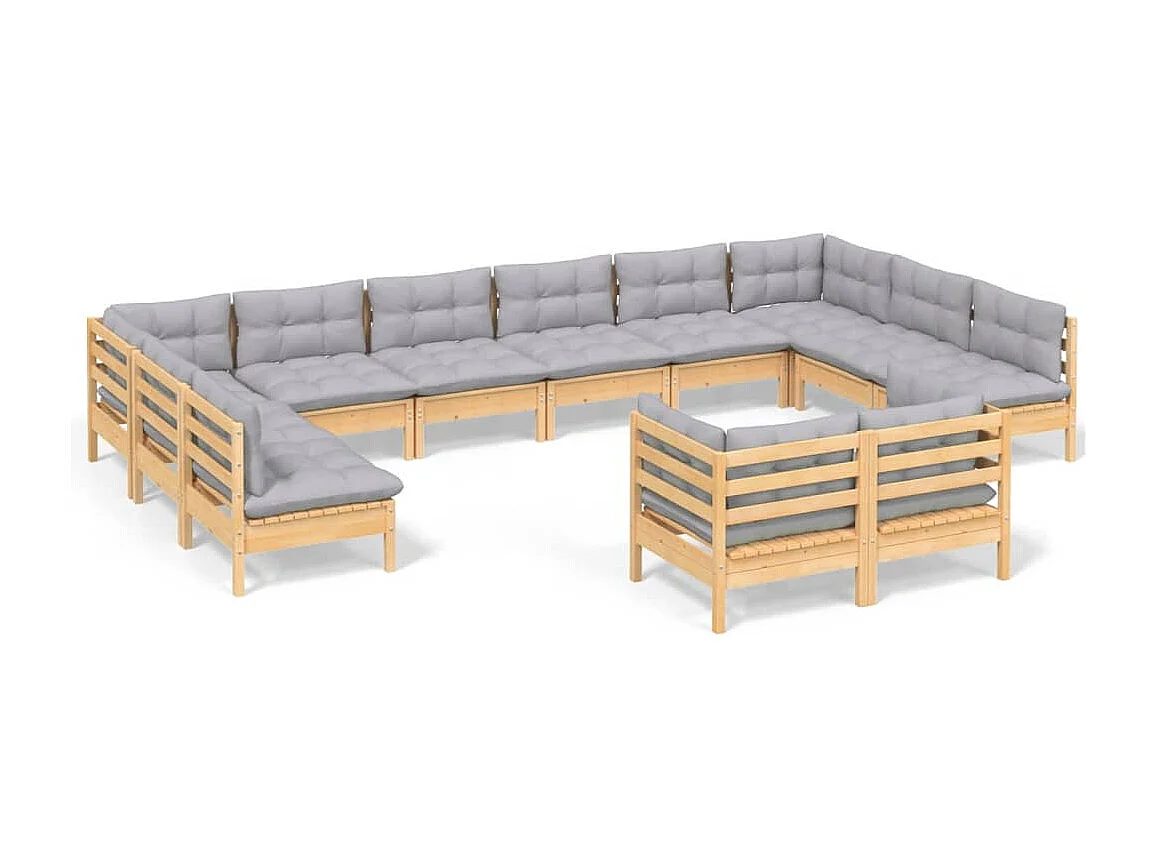 Muebles de jardín 12 piezas y cojines gris madera maciza de pino