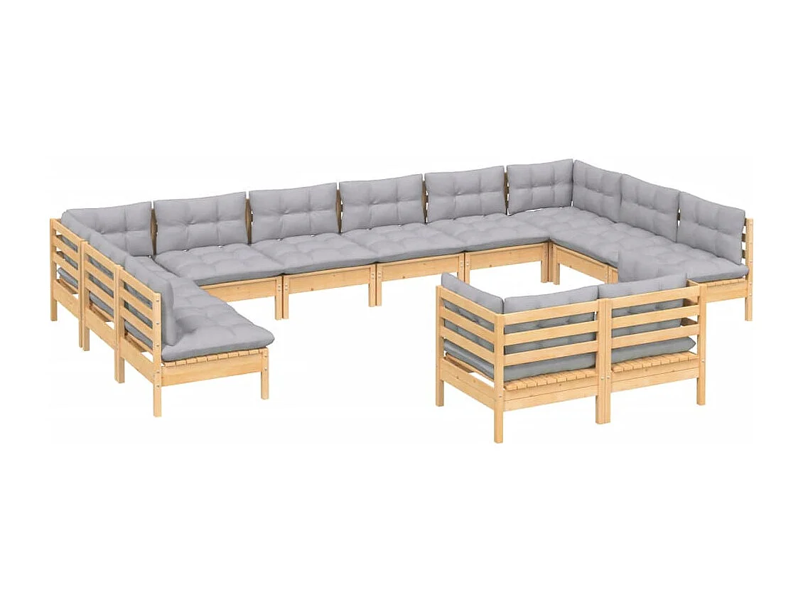 Muebles de jardín 12 piezas y cojines gris madera maciza de pino
