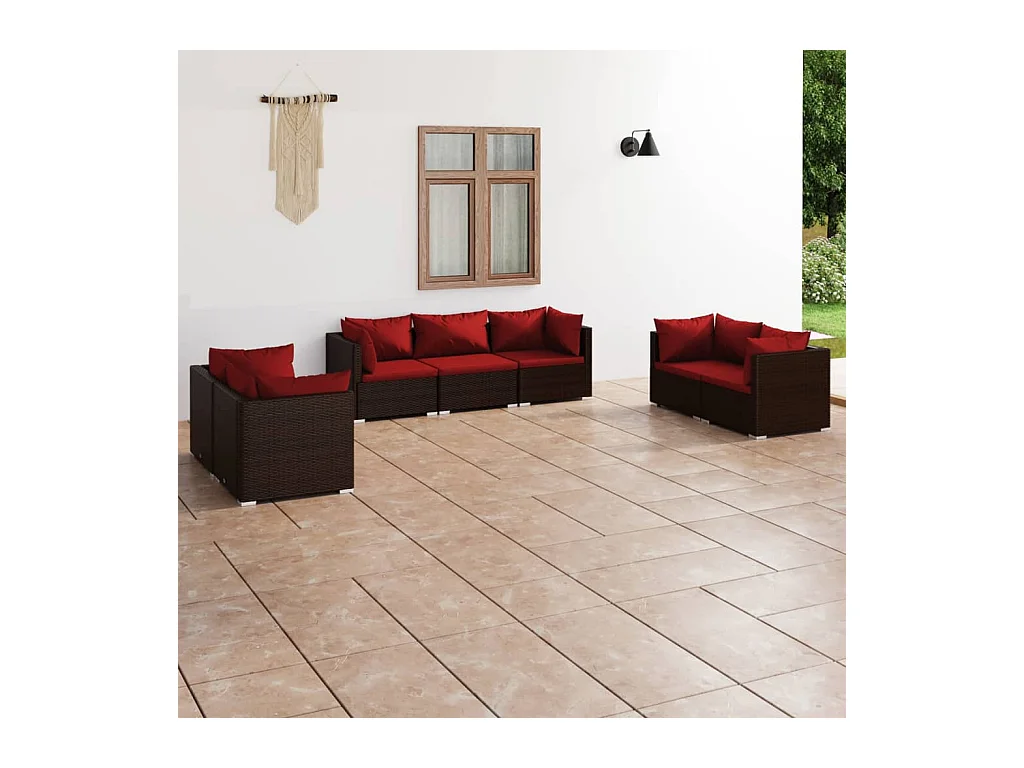 Salon de jardin 7 pièces avec coussins Résine tressée Marron