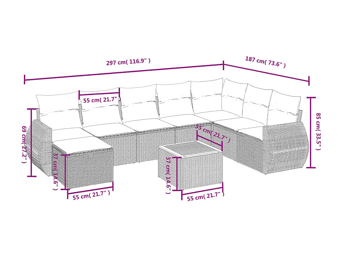 Set de sofás de jardín 9 piezas con cojines ratán sintético beige