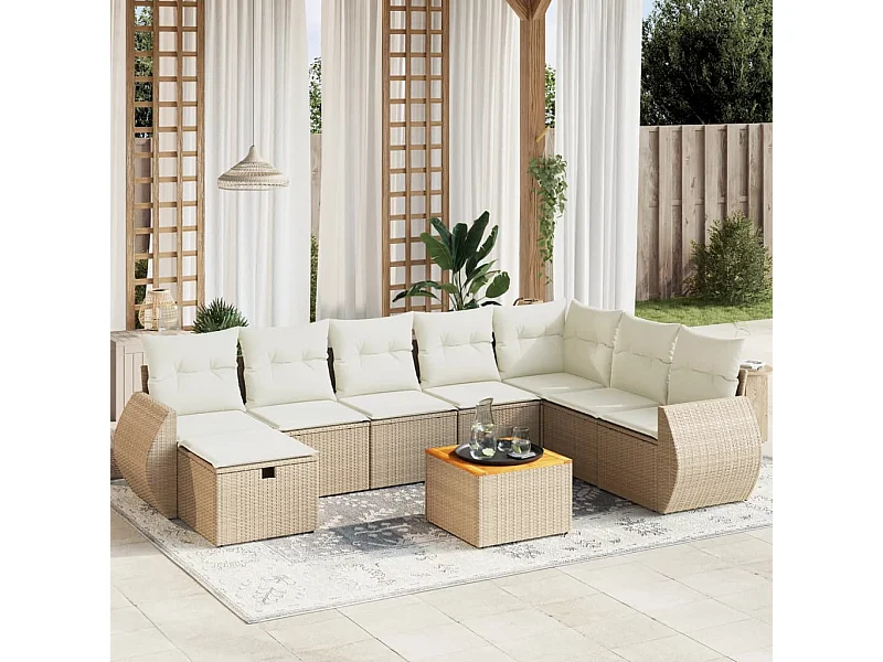 Salon de jardin avec coussins 9 pièces beige résine tressée