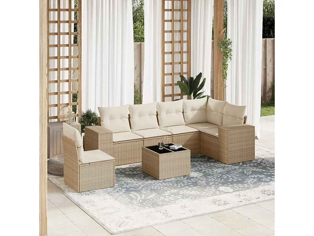 Set sofás de jardín 7 piezas y cojines ratán sintético beige