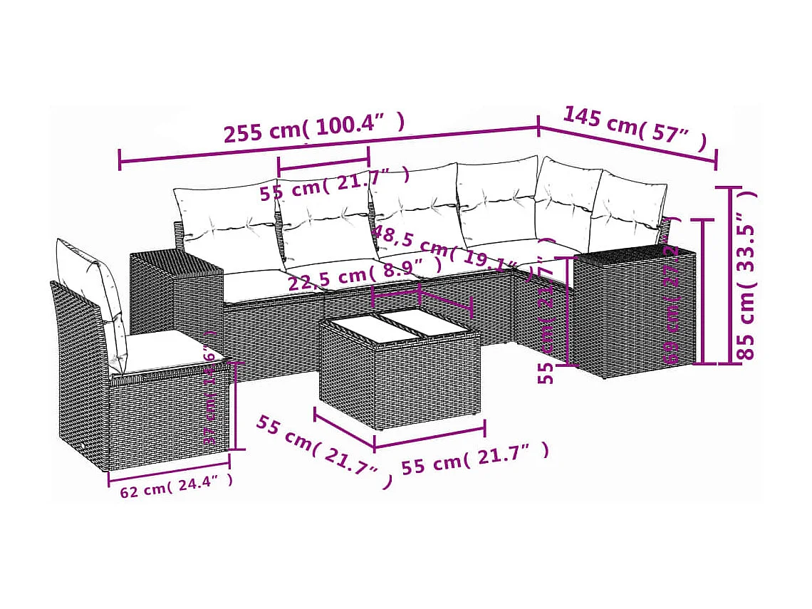 Set sofás de jardín 7 piezas y cojines ratán sintético beige