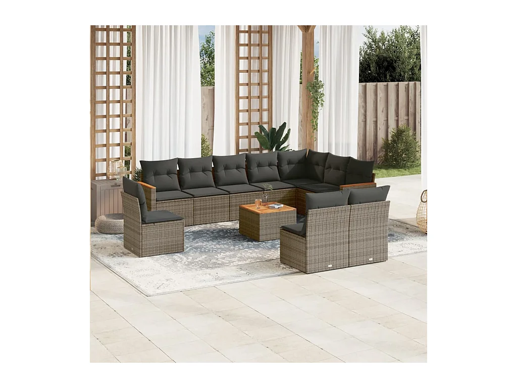 Salon de jardin 11 pièces avec coussins gris résine tressée