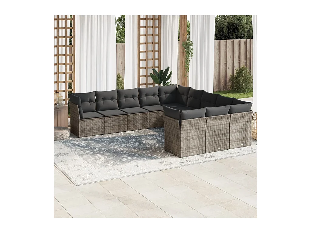 Salon de jardin 11 pièces avec coussins gris résine tressée