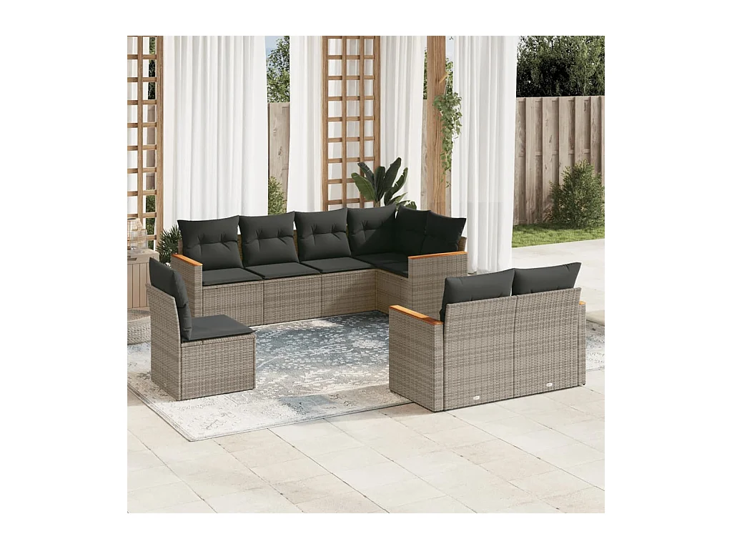 8 peças conjunto sofás de jardim c/ almofadões vime PE cinzento