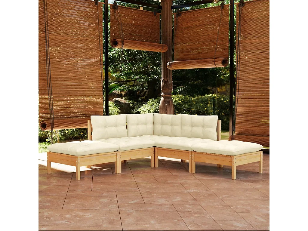 5 peças conjunto lounge de jardim c/ almofadões cor creme pinho