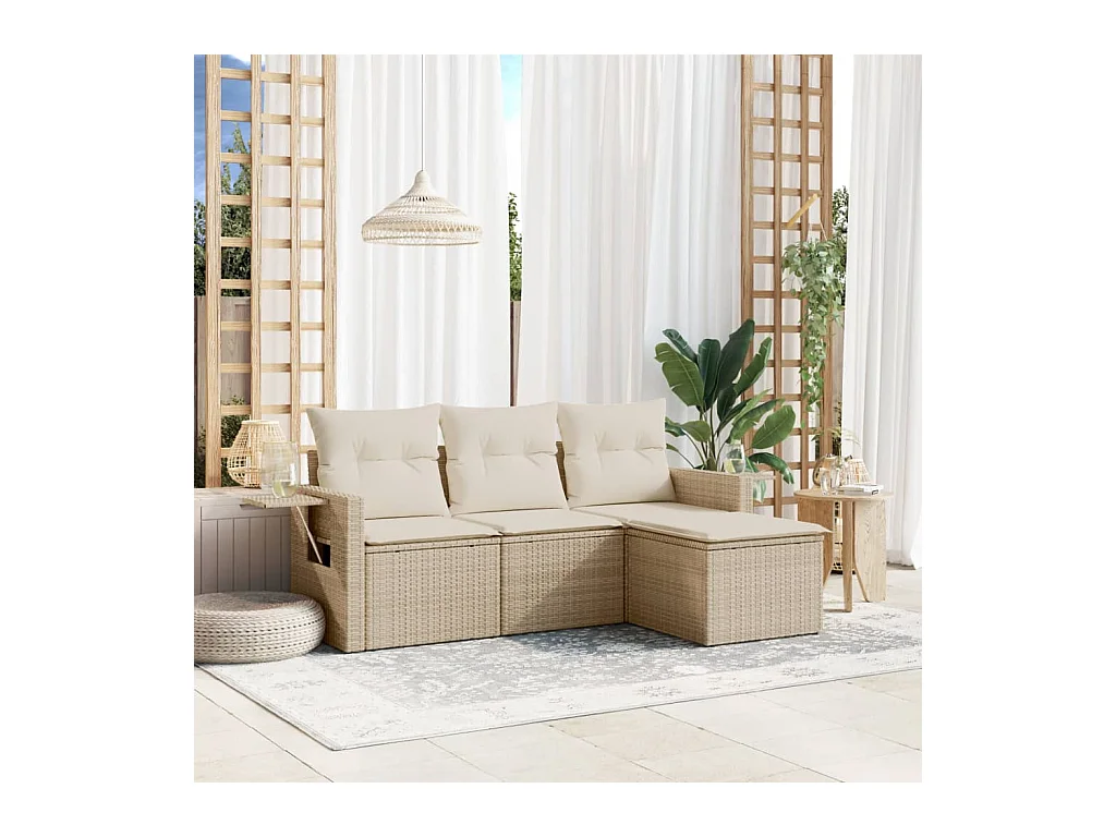 4-delige Loungeset met kussens poly rattan beige