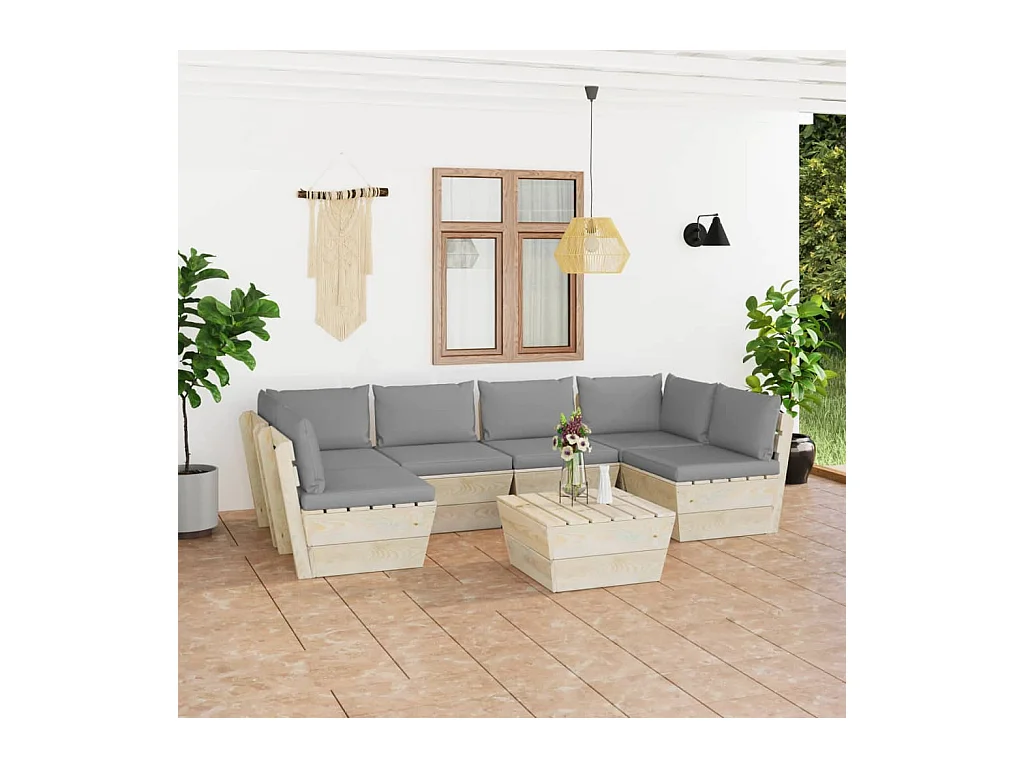 Salon de jardin palette 7 pièces avec coussins Épicéa imprégné