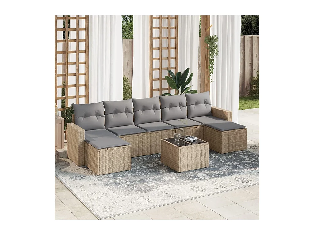 Salon de jardin avec coussins 8 pièces beige résine tressée