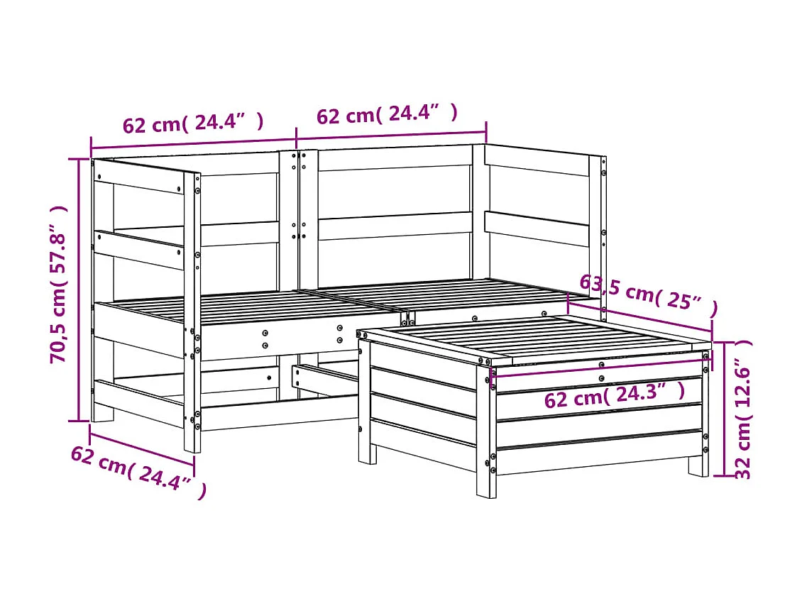 3-delige Loungeset massief grenenhout