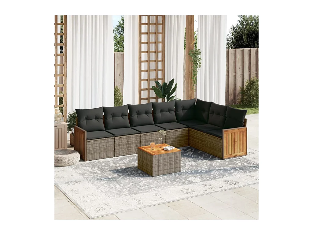 Salon de jardin 8 pièces avec coussins gris résine tressée
