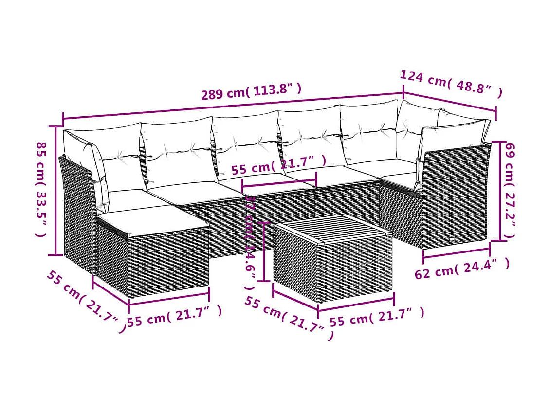 8 peças conjunto sofás de jardim com almofadões vime PE preto