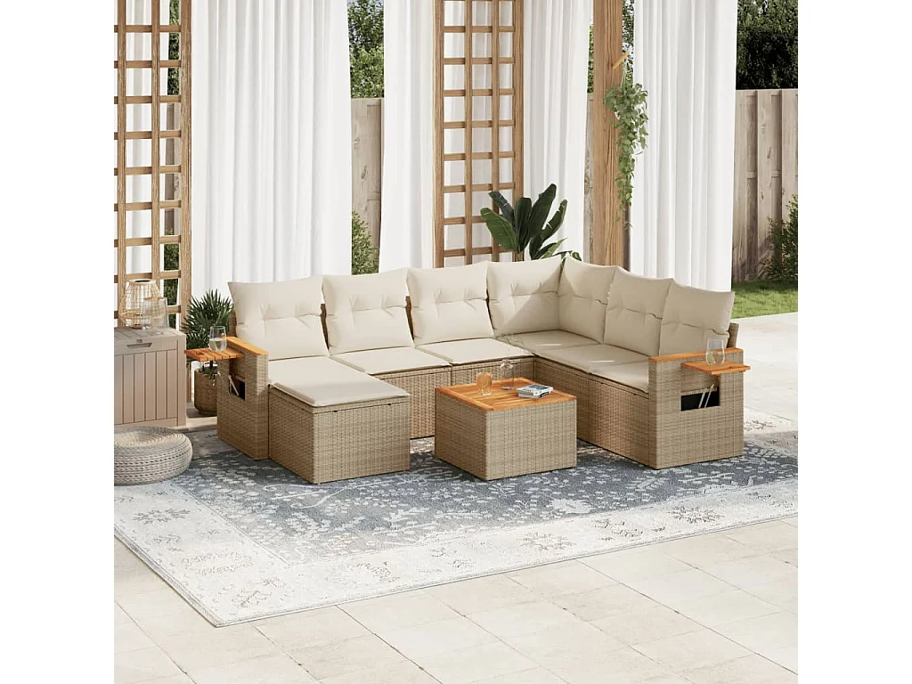 Salon de jardin avec coussins 8 pièces beige résine tressée