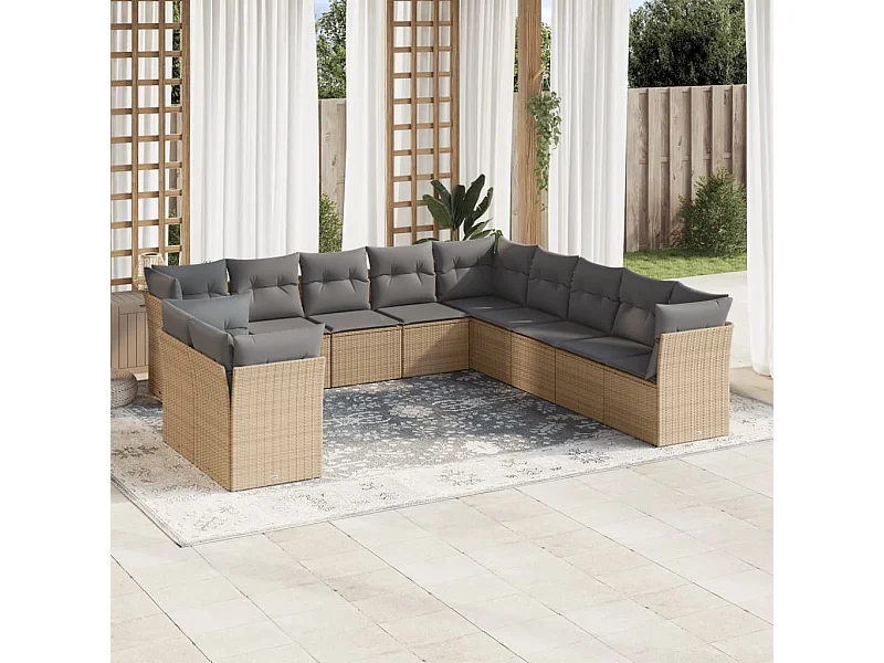 Salon de jardin 11 pièces avec coussins beige résine tressée