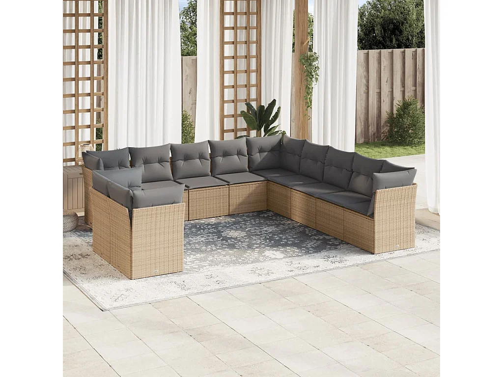 Salon de jardin 11 pièces avec coussins beige résine tressée