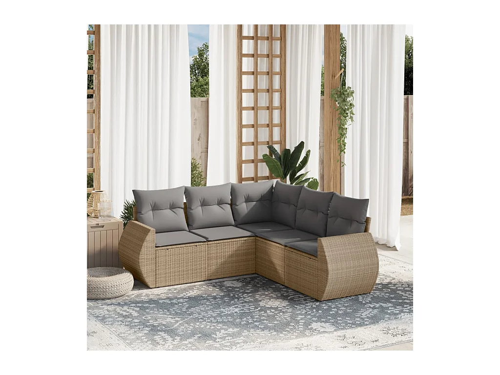 Salon de jardin avec coussins 5 pièces beige résine tressée