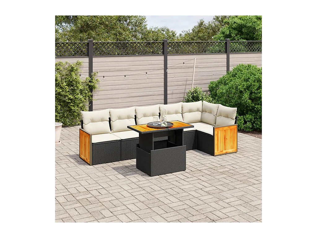 7-delige Loungeset met kussens poly rattan zwart