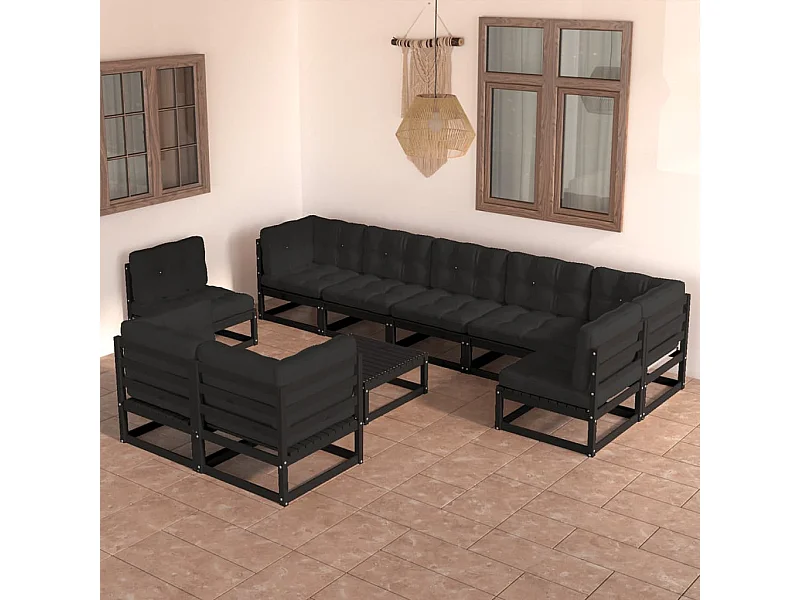 Juego de muebles de jardín 10 piezas y cojines madera pino maciza