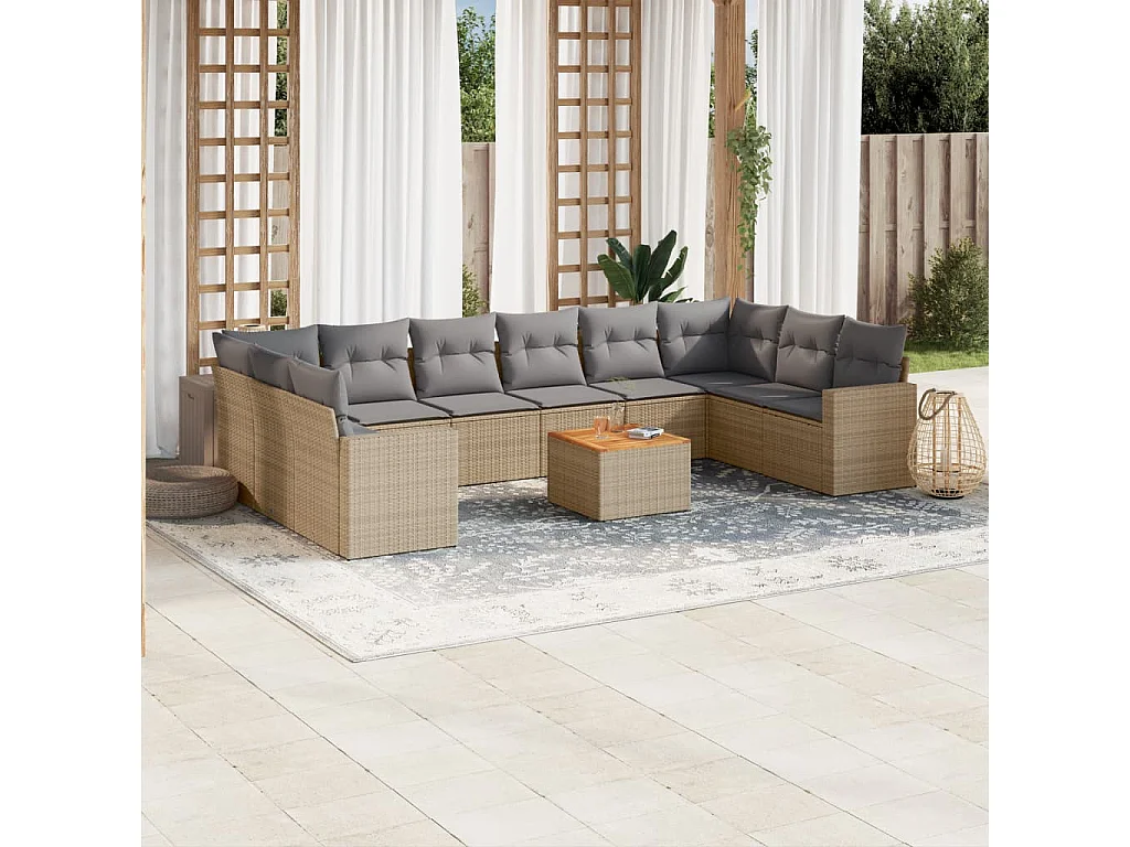 Salon de jardin et coussins 11 pièces mélange beige résine tressée