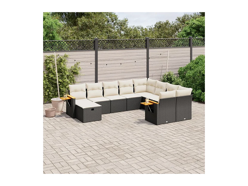Salon de jardin 10 pièces avec coussins noir résine tressée