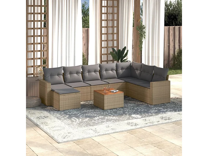 9-delige Loungeset met kussens poly rattan gemengd beige