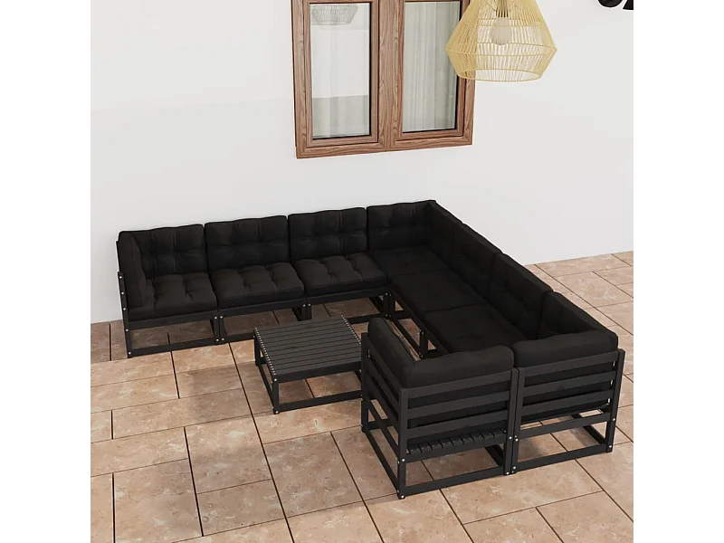 Set de muebles de jardín 9 piezas con cojines madera pino negro