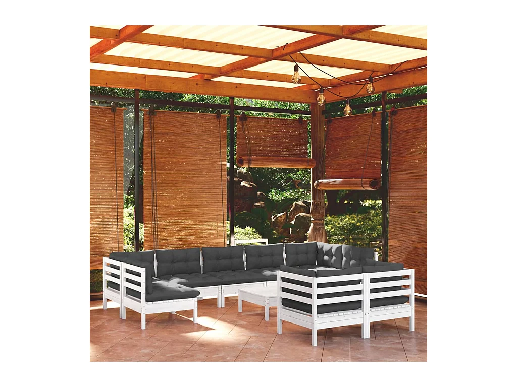 Salon de jardin 10 pièces avec coussins blanc bois de pin solide