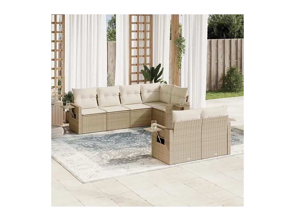 7-delige Loungeset met kussens poly rattan beige