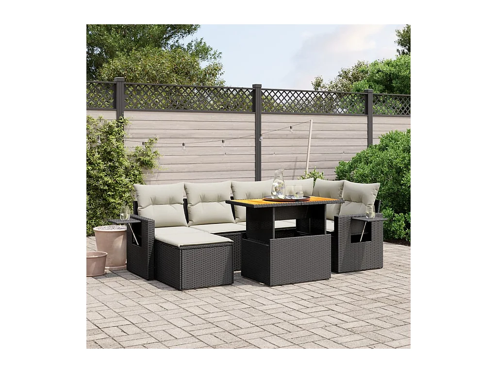 Set de comedor de jardín 7 piezas y cojines ratán sintético negro