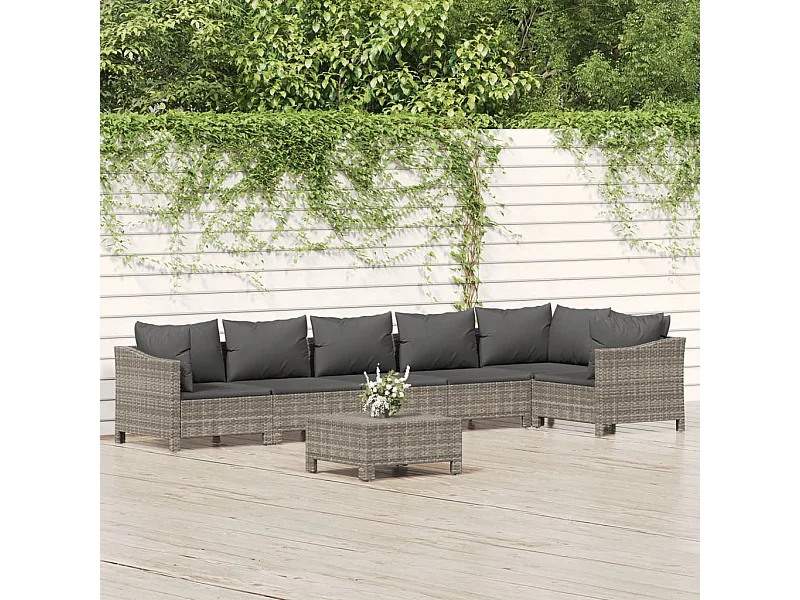 Set de muebles de jardín 7 piezas y cojines ratán sintético gris