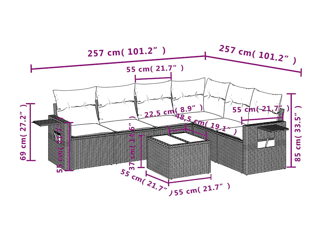Set sofás de jardín 7 piezas y cojines ratán sintético beige