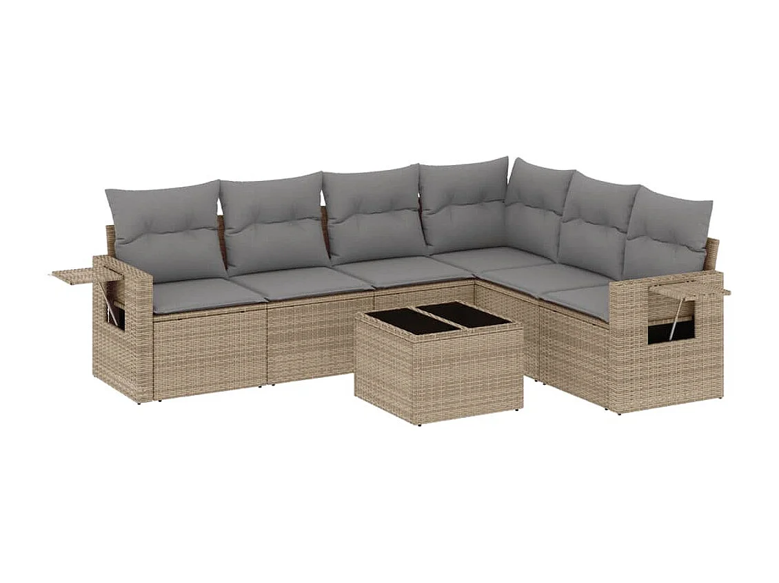 7-delige Loungeset met kussens poly rattan beige