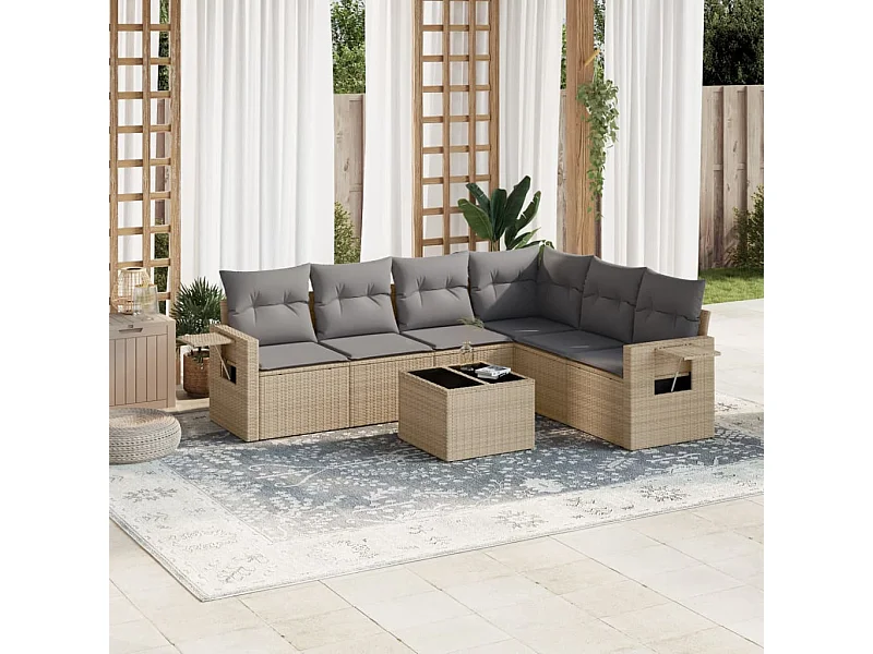 7-delige Loungeset met kussens poly rattan beige