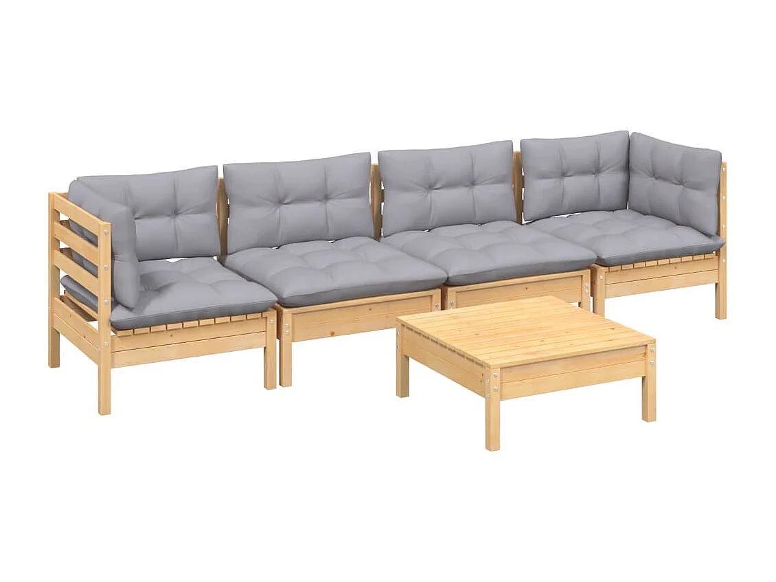 Salon de jardin 5 pièces avec coussins gris bois de pin massif