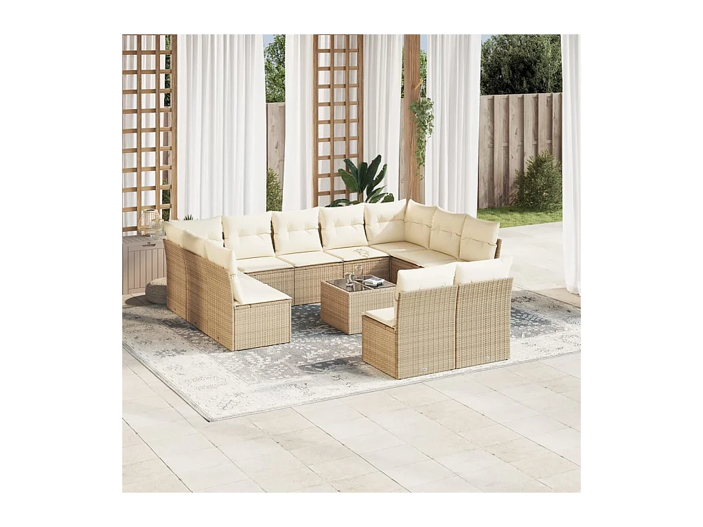 Salon de jardin avec coussins 12 pièces beige résine tressée