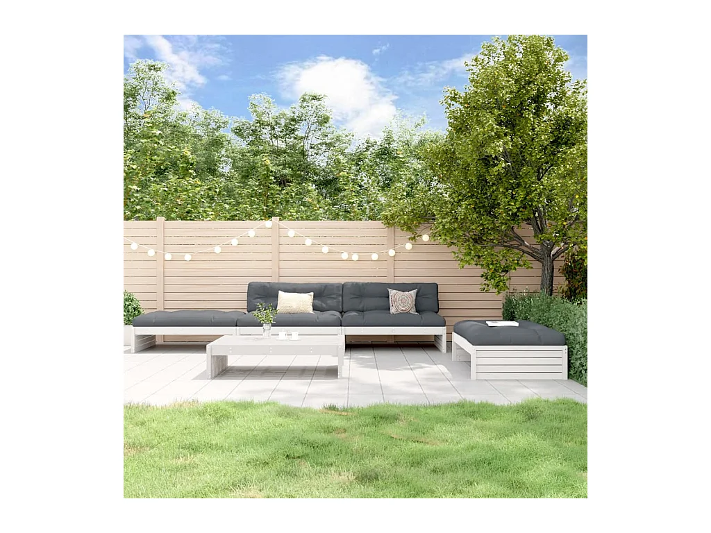 Salon de jardin 5 pièces avec coussins blanc bois massif