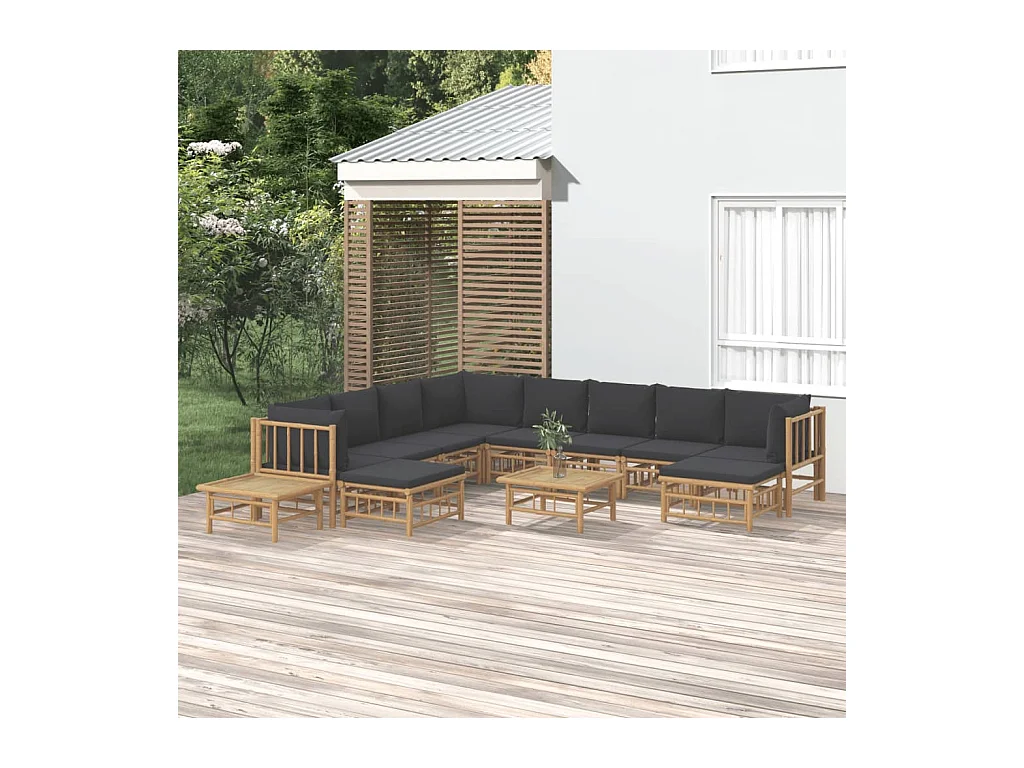 Salon de jardin 12 pièces avec coussins gris foncé bambou