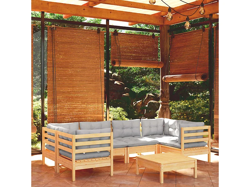 Salon de jardin 7 pièces avec coussins gris bois de pin